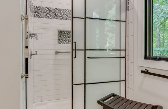shower, tiled shower, tile floor, bathroom, window