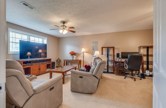 den, ceiling fan, windows, carpet