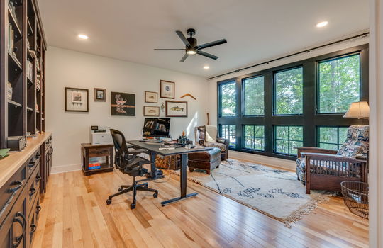 office, hardwood flooring, windows, ceiling fan, recessed lighting