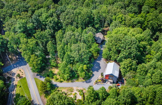 aerial view of both homes, main home, guest home, driveway, trees, road