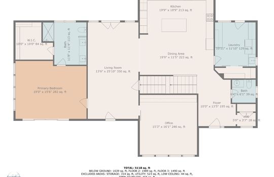Main home floorplan, main level, kitchen, laundry bathroom, foyer, office, living room, primary suite