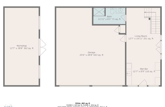 guest home main level outline, kitchen, living room, garage, bathroom, workshop