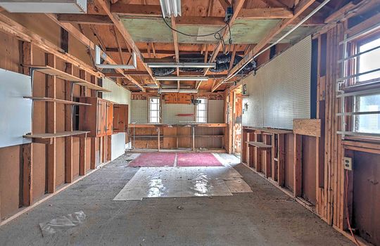 interior of worshop, windows, door, cabinets