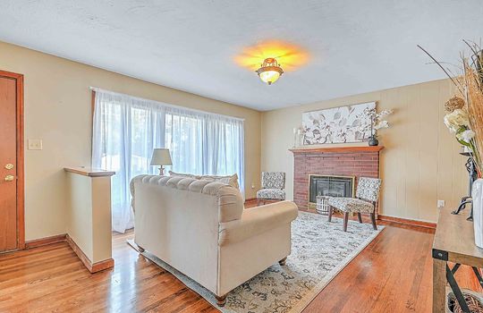 living room, hardwood flooring, fireplace, paneling walls