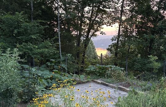 walking trail, brick path, landscaping, trees, mountain views