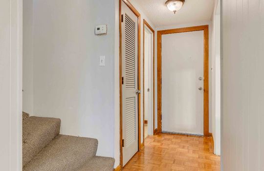 hallway, stairs to upper level, storage closet, front door, parque flooring