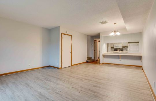 living room, dining room, kitchen, bar seating, vinyl flooring, closet,