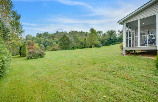 side yard facing screened porch, back yard, trees, landscaping