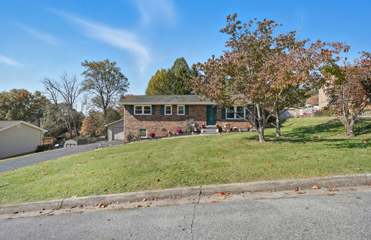 street view, brick ranch, brick exterior, front yard, trees, sidewalk, front steps front door, brick exterior, driveway