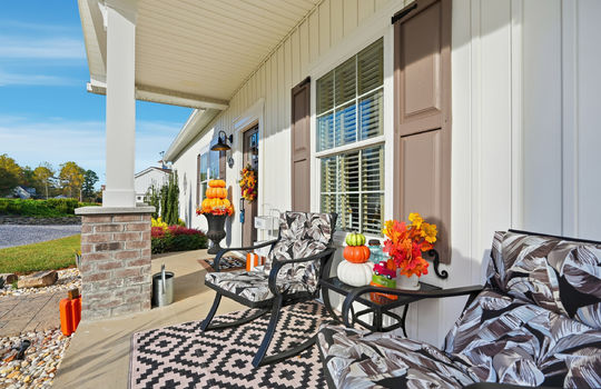 covered front porch, vinyl siding, front door, concrete porch, landscaping