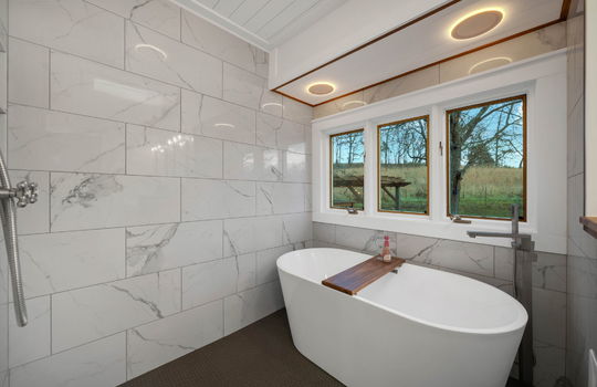 primary bathroom, tub, tile surround, window, open shower area