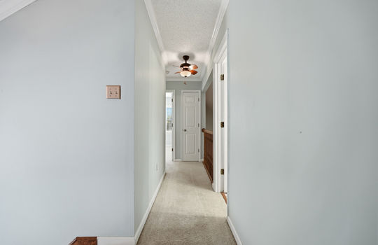 upper level hallway, carpet, railings, ceiling fan