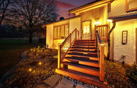 twilight photo, front steps, front door, landscaping