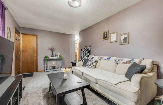 living room, carpet, front door, closet, hallway