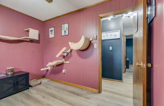 third bedroom, paneling walls, luxury vinyl flooring, door to hallway