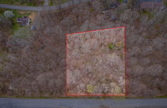 aerial photo, land for sale, 1.09+/- acres, road, trees, neighboring properties, property outline