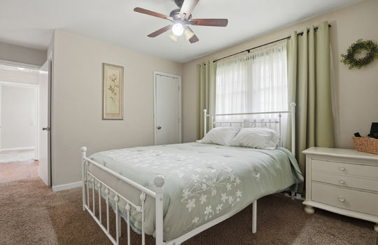 bedroom, closet, carpet, ceiling fan, window