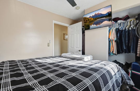 bedroom, closet, ceiling fan, carpet