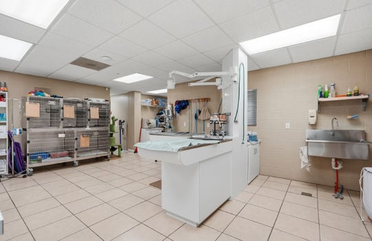 inner office area, grooming tables, sink, tile flooring, kennels, ceiling tiles, fluorescent lighting