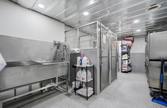 wash basins, grooming areas, kennels, metal ceiling, concrete flooring