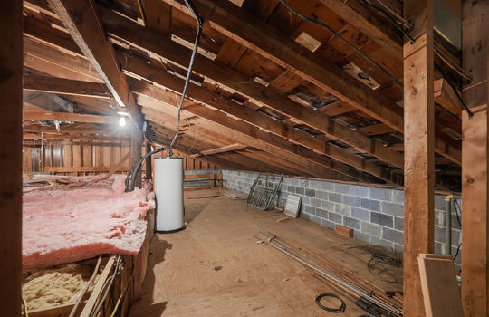 attic storage area, support beams, flooring, windows, water heater, insulation
