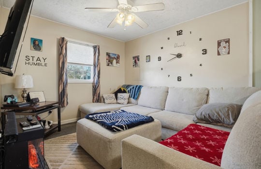 living room, window, ceiling fan, carpet