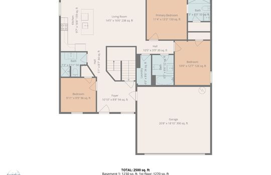 main level floorplan, garage, foyer, bedroom, primary bedroom, bathrooms