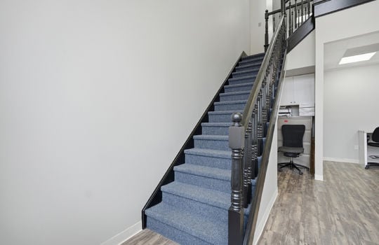 stairs to upper level, carpeted stairs, luxury vinyl flooring