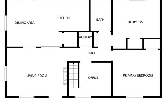 floor plan, first floor, living room, dining area, kitchen, bath, bedroom, primary bedroom, office, laundry room