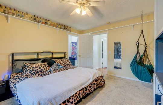 bedroom, carpet, ceiling fan