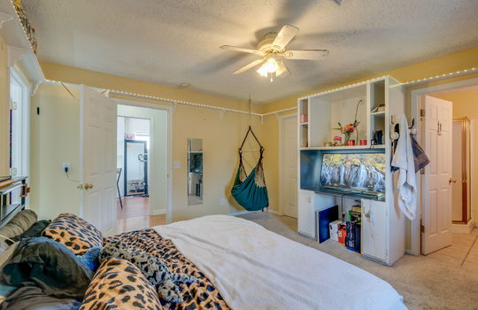 bedroom, carpet, ceiling fan, door to ensuite bath, built-in shelving