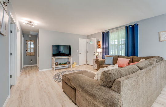 living room, front door, entry closet, luxury vinyl flooring, windows, hallway