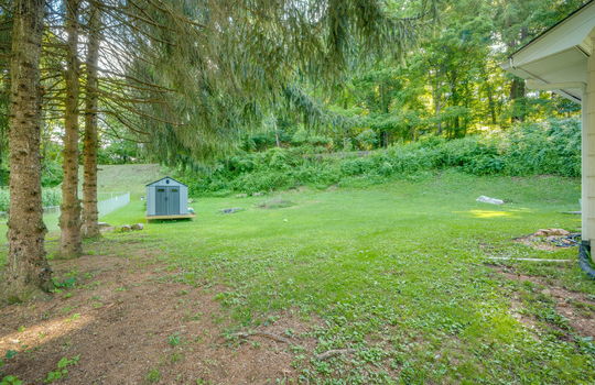 back yard, storage shed, trees