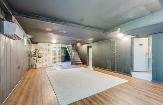 finished basement, vinyl flooring, doorways, stairs to main level, secondary kitchen