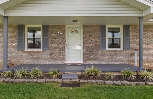 front porch, brick ranch, front door, storm door, landscaping