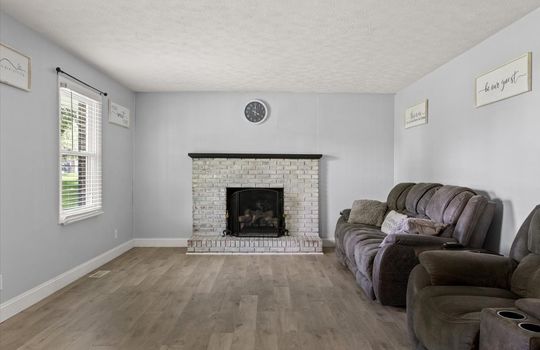 living room, luxury vinyl flooring, fireplace, window