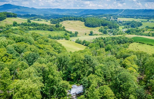 aerial view of property, surrounding properties, mountain views, trees, fields