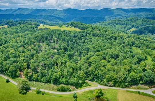 aerial view of property, surrounding properties, trees, fields, road, mountain views