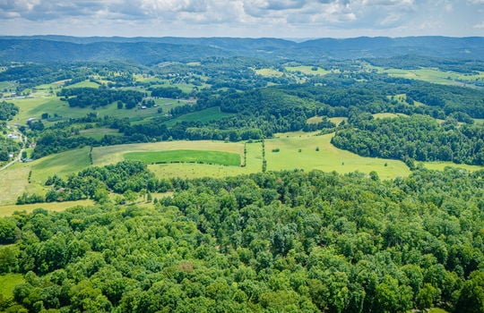 aerial view of property, surrounding properties, trees, fields, road, mountain views