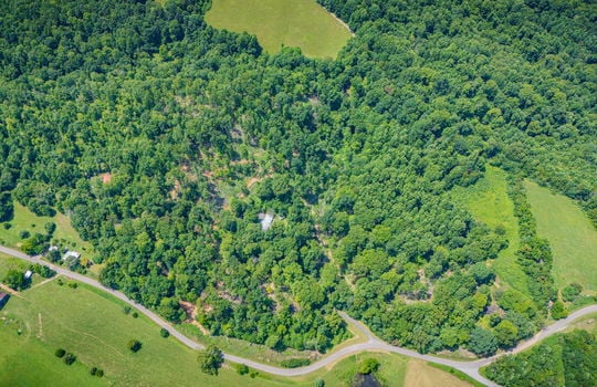 aerial view of property, surrounding properties, trees, fields, road