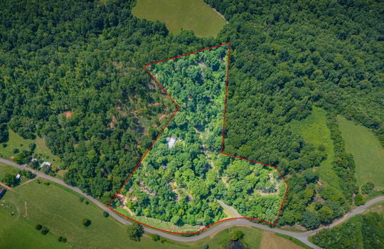 aerial view of property, surrounding properties, trees, fields, road, property outline