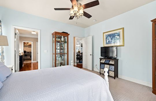 primary bedroom, carpet, ceiling fan, door to ensuite and walk-in closet