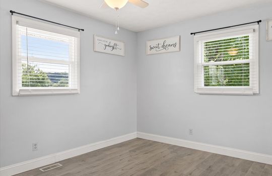 bedroom, luxury vinyl flooring, windows, ceiling fan