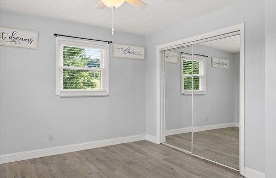 primary bedroom, window, ceiling fan, closet, luxury vinyl flooring