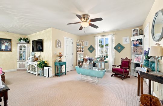 large bedroom, carpet, ensuite bath, closet, window, ceiling fan