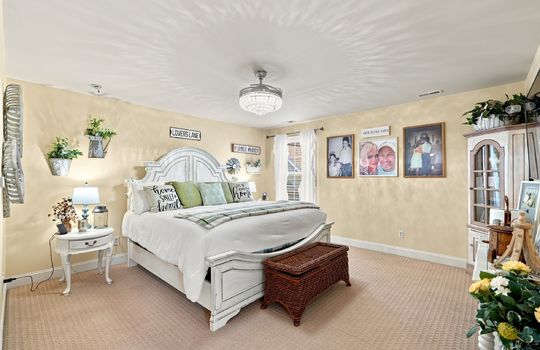 bedroom, carpet, fan/chandelier, window