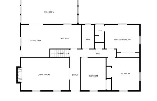 main floor floor plan, living room, dining area, kitchen, sunroom, bathroom, bathroom, primary bedroom, bedrooms