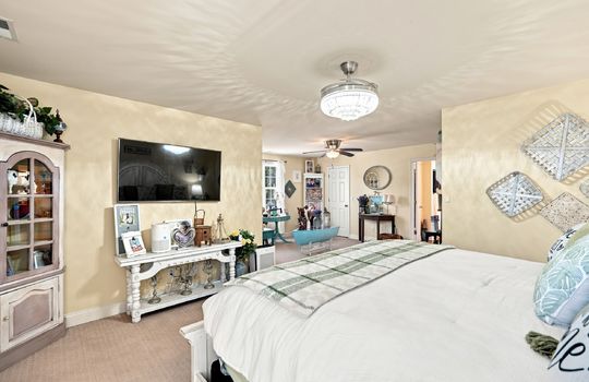 bedroom, carpet, fan/chandelier, open area/sitting area