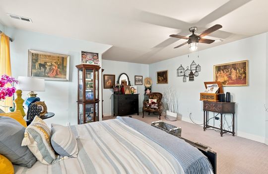 third bedroom, carpet, ceiling fan, windows