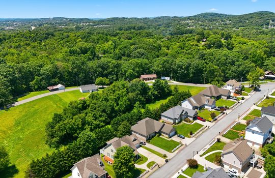 aerial view of home, front of home, sidewalk, driveway, concrete driveway, garage, 2 car garage, shingle roof, neighboring homes, mountains